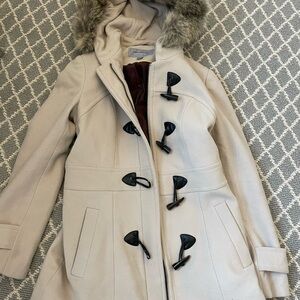 Women's Cream Toggle Coat with Faux Fur Hood